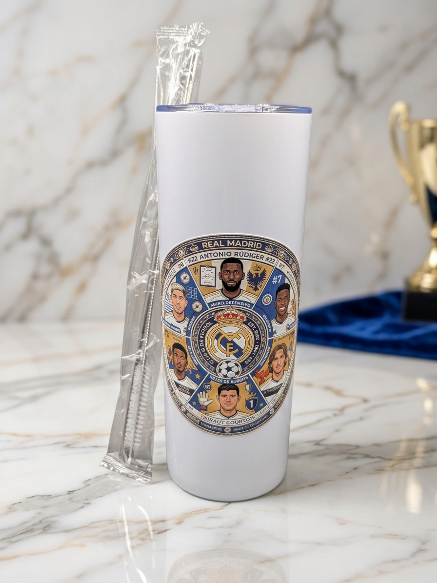 Real Madrid Team White Metal Tumbler w/ Lid & Straw | UV Texture