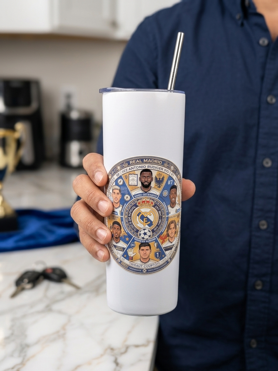 Real Madrid Team White Metal Tumbler w/ Lid & Straw | UV Texture