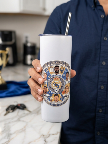 Real Madrid Team White Metal Tumbler w/ Lid & Straw | UV Texture