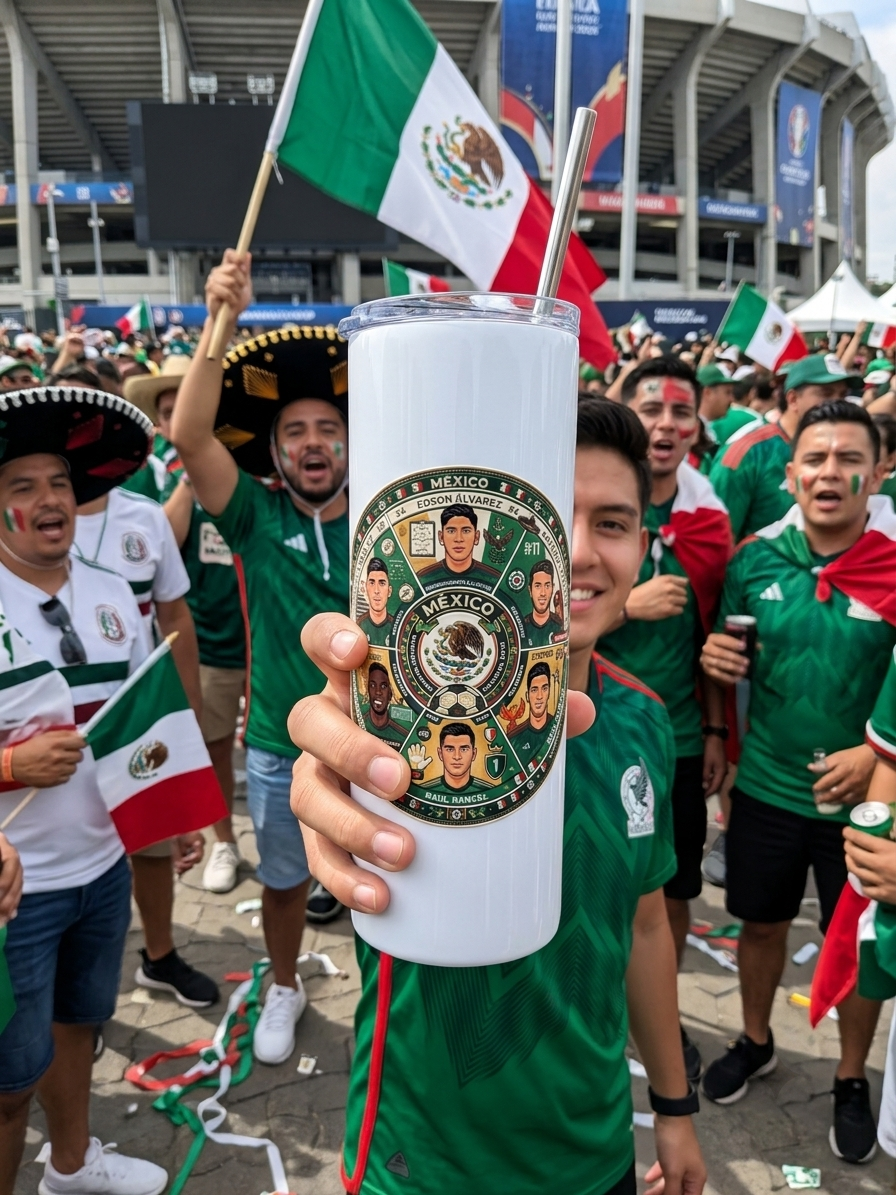 Mexico Soccer Team White Metal Tumbler w/ Lid & Straw | UV Texture
