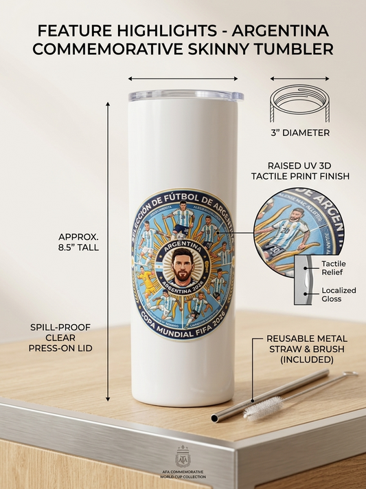 Argentina Soccer Team White Metal Tumbler w/ Lid & Straw | UV Texture