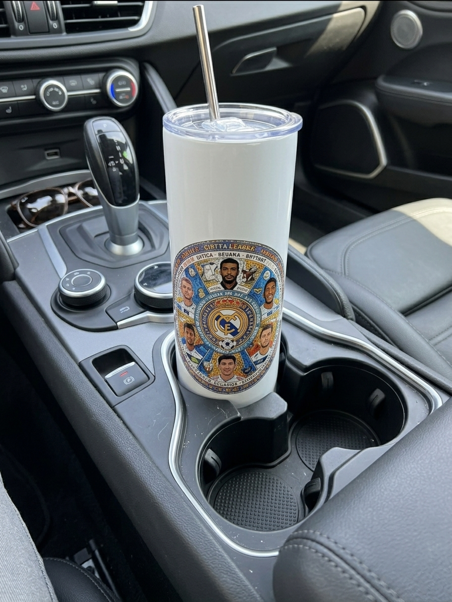 Real Madrid Team White Metal Tumbler w/ Lid & Straw | UV Texture
